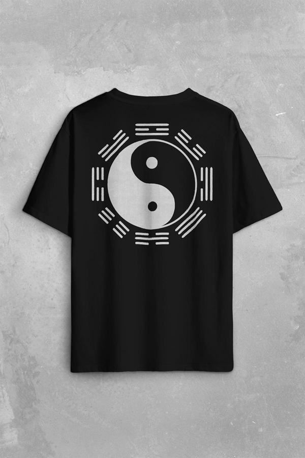 Siyah Ve Beyaz Ying Yang Pokemon Minimal Sırt Ön Baskılı Oversize Tişört Unisex T-Shirt - Image 1