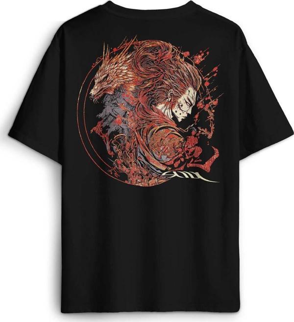 Samuray Raijin Soul Japon Mit Gotik Gothic Japanese Baskılı Oversize T-shirt Siyah Unisex Tişört - Image 1