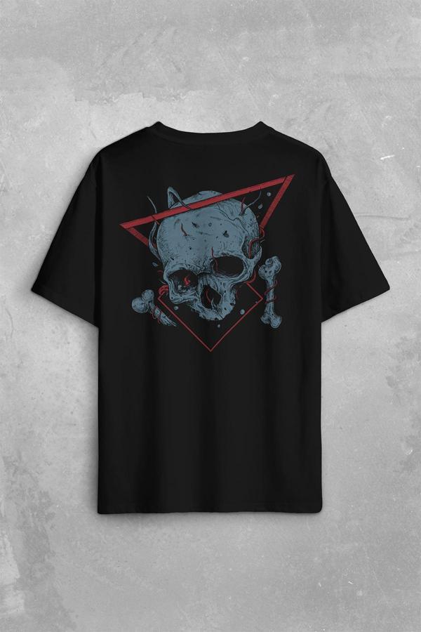Skull Kuru Kafa Urban Street Culture Minimal Sırt Ön Baskılı Oversize Tişört Unisex T-Shirt - Image 1