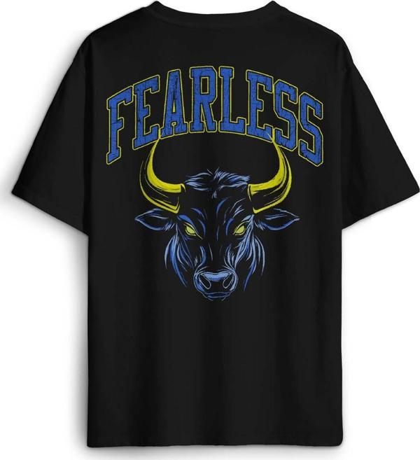 Fearless Boğa Bull 1907 Sarı Lacivert Korkusuz Yazı Baskılı Oversize T-shirt Siyah Unisex Tişört - Image 1