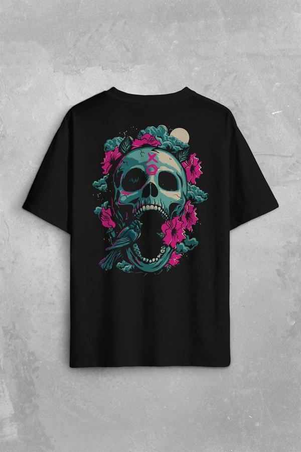 Unisex Sugar Skull Skeleton Rose Kuru Kafa Gül Sırt Ön Baskılı Oversize Tişört Unisex T-Shirt - Image 1