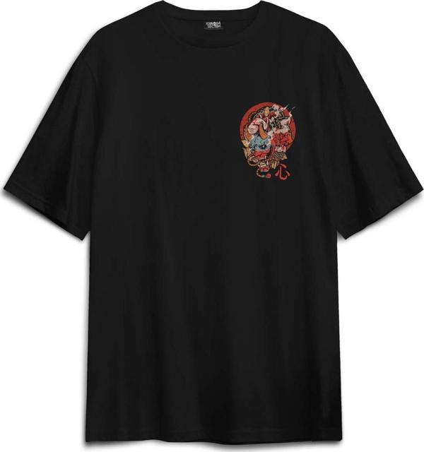Hannya Mask Oni Japanese Demon Maske Japon Sırt Ön Baskılı Oversize Tişört Unisex T-Shirt - Image 1