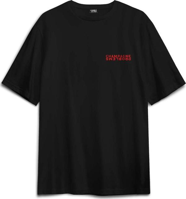 Unisex Pamuk Siyah Champagne Problems Taylor Swift Evermore Ön Sırt Baskılı Oversize Tişört - Image 1