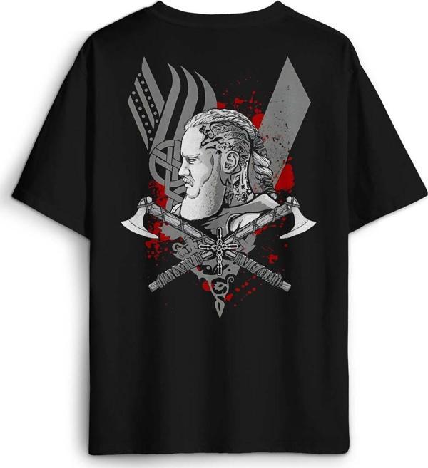 Vikings Ragnar Lothbrok Vikingler Savaşçı Sırt Ön Baskılı Oversize Tişört Unisex T-Shirt - Image 1