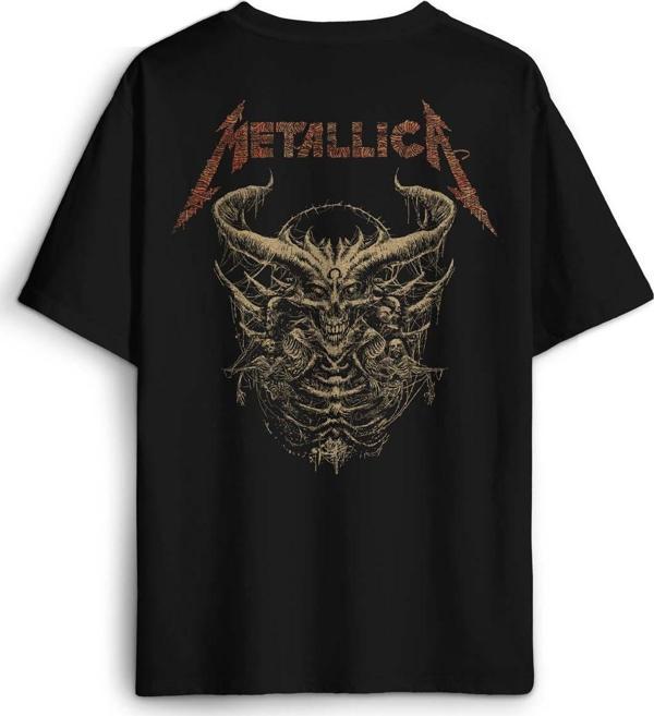 Siyah Oversize Tişört Metallica Sargı Canavar Skull Vintage Korku Sırt Ön Baskılı Unisex T-shirt - Image 1
