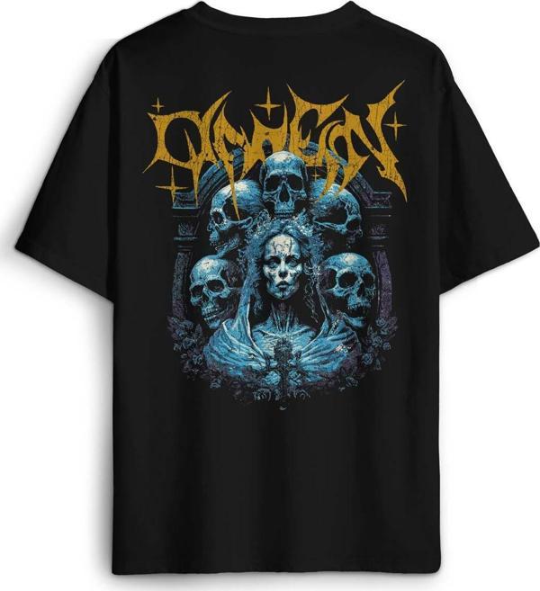 Siyah Oversize Tişört Omen Gotik Skull Gothic Corpse Bride Sırt Ön Baskılı Unisex T-shirt - Image 1