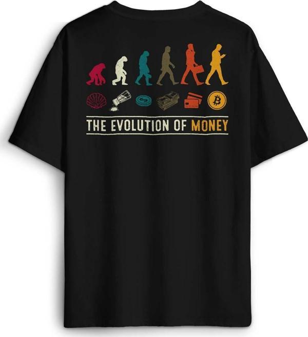 The Evolution Of Money Bitcoin Be Rich Baskılı Oversize T-shirt Siyah Unisex Tişört - Image 1