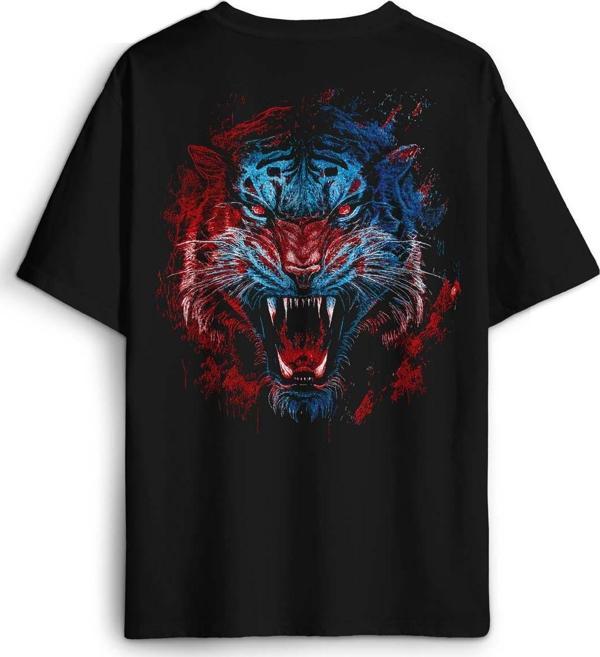 Tiger Bordo Mavi Kaplan Tasarım Baskılı Oversize T-shirt Siyah Unisex Tişört - Image 1