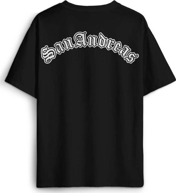 Siyah Oversize Tişört San Andreas Tipografi Sırt Ön Baskılı Unisex T-shirt - Image 1