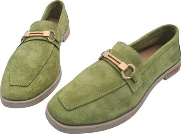 Aayak&Kabımofficial Hakiki Deri Toka Detaylı Süet Kadın Günlük Makosen Loafer Babet Ayakkabı Yeşil 36 - Image 1