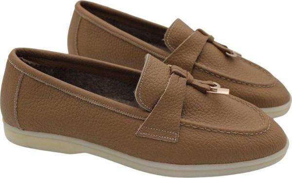 Aayak&Kabımofficial Hakiki Deri Kadın Kışlık Ayakkabı Taba Keçe Astar Rahat Taban Loafer Taba 40 - Image 1