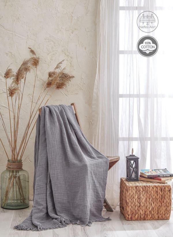 Medaillon Home Gri 4 Katlı Müslin %100 Pamuklu Pike - Yatak Örtüsü - Tv Battaniyesi 200X220 - Image 1