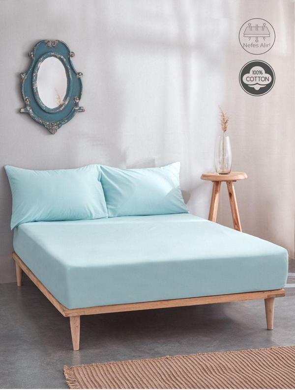 Medaillon Home Turkuaz %100 Pamuklu Çift Kişilik Yastıklı Çarşaf Seti - Image 1