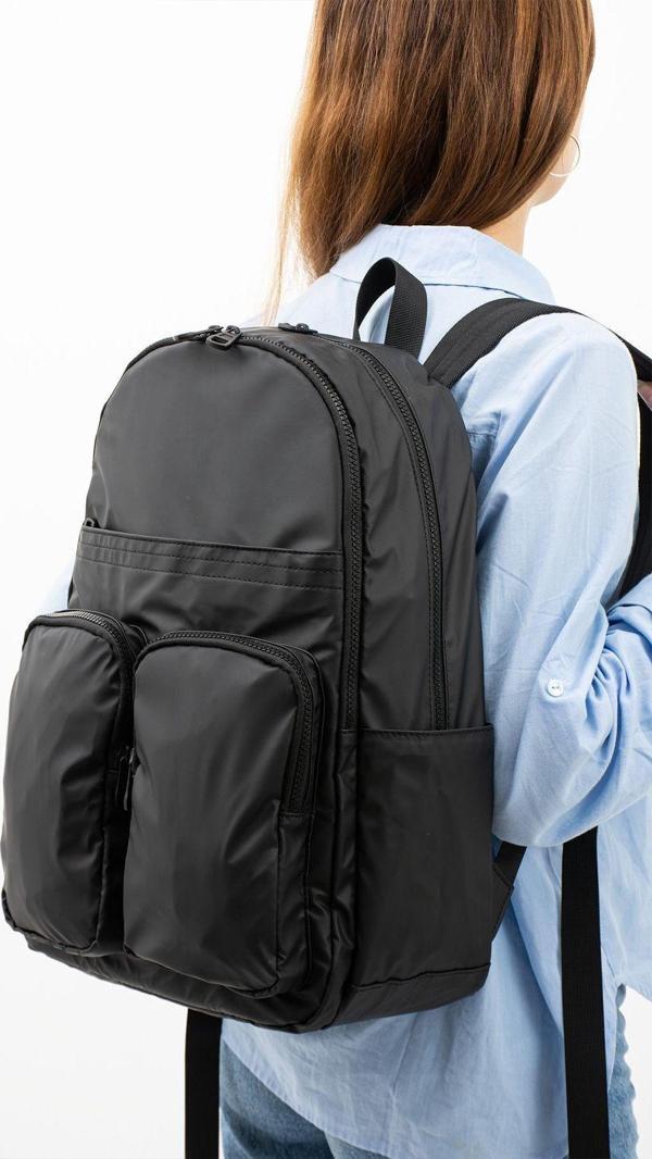 Siyah Unisex Laptop Bölmeli Suya Dayanıklı Krinkıl Kumaş Fonksiyonel Sırt Çantası - Image 1
