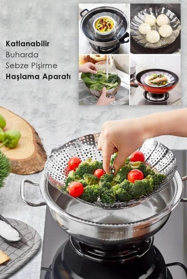 Buharda Sebze Pişirme Sepeti Paslanmaz Çelik Tencere İçi Buharlı Haşlama Katlanır Pişirici Sepet - Image 1
