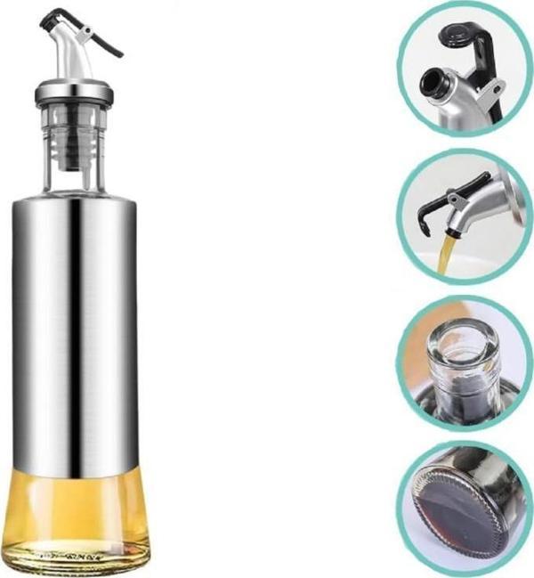 350 ml Sızdırmaz Başlıklı Cam Yağdanlık Paslanmaz Damlatmaz Kapaklı Sosluk Sirkelik Yağ Şişesi - Image 1