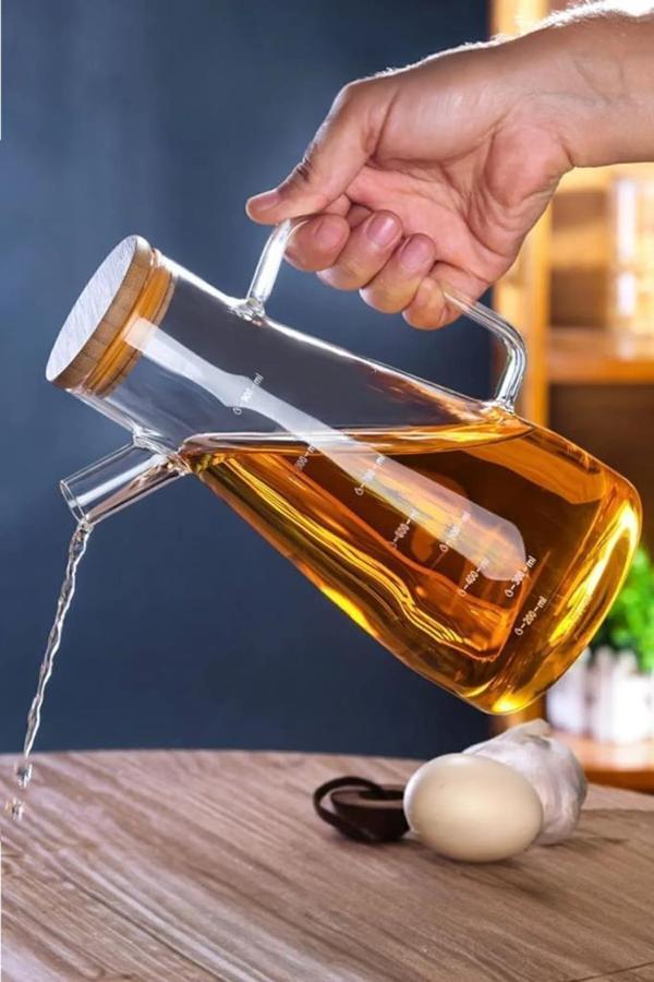 900 ml Bambu Kapaklı Cam Yağdanlık Borosilikat Sızdırmaz Yağlık Sirkelik Yağ Şişesi Sosluk - Image 1