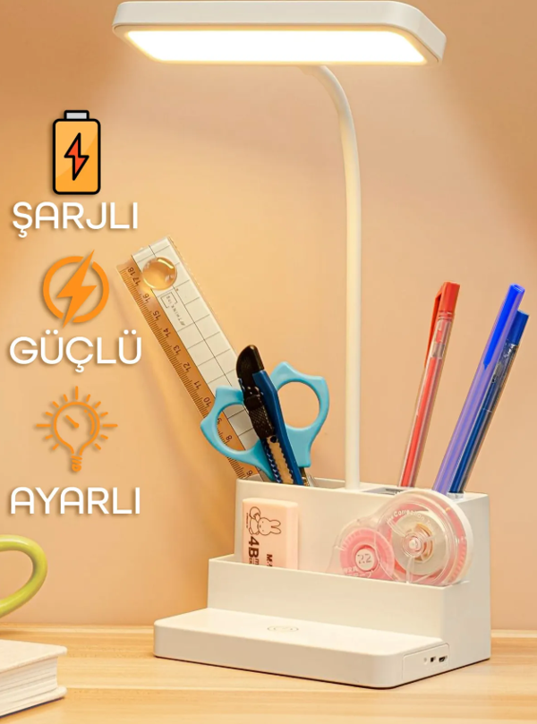 Şarjlı Masa Lambası - 3 Renk Dokunmatik Telefon Standlı 400 Lümen USB Şarjlı Göz Yormayan Işık - Image 1