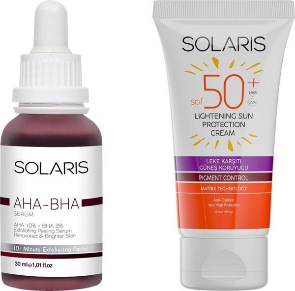 Solaris Cilt Tonu Eşitleyici Canlandırıcı Aha %10 + Bha %2 Serum (30 ml) Ve Leke karşıtı Güneş Kremi SPF 50+ - Image 1