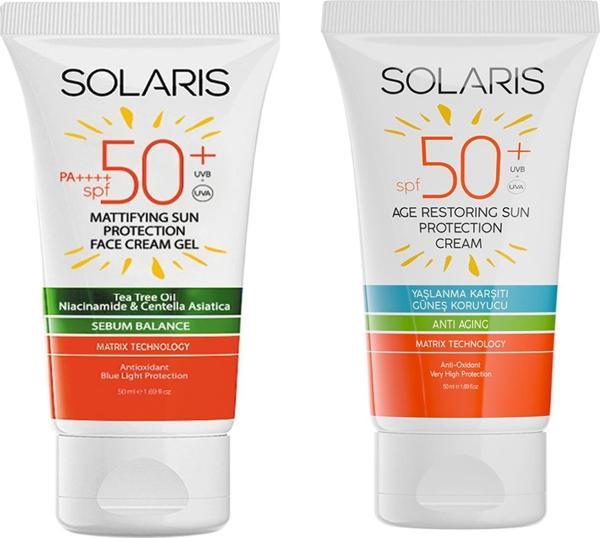 Solaris Yağlı Ciltler İçin Jel Güneş Kremi (Mat) SPF 50+ (50 ml) ve Yaşlanma Karşıtı Güneş Kremi SPF 50+ - Image 1
