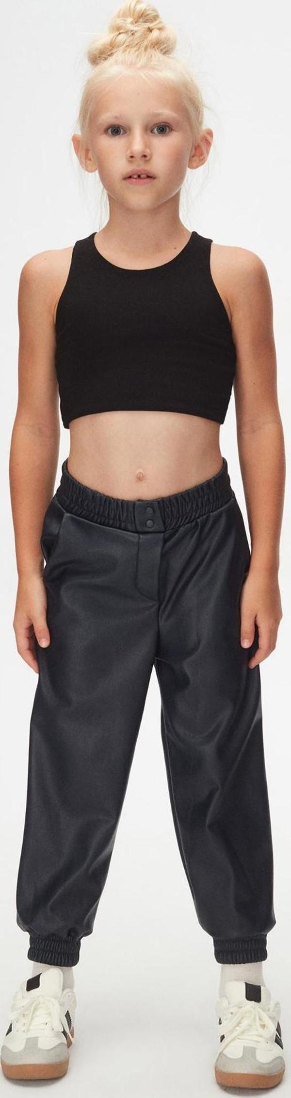 Koyu Lacivert Kız Çocuk Çıtçıtlı Paça Büzgüllü Kışlık Deri Pantolon - Image 1