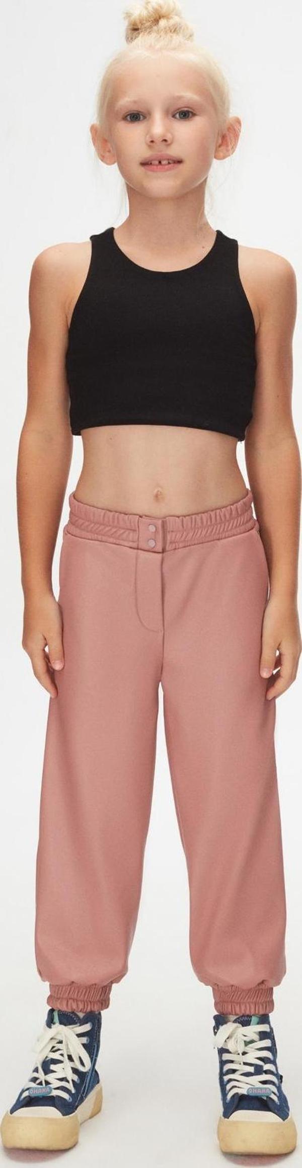 Pudra Pembe Kız Çocuk Çıtçıtlı Paça Büzgüllü Kışlık Deri Pantolon - Image 1