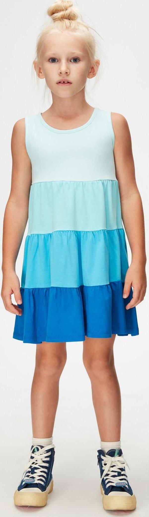 Soft Turkuaz-Saks Kız Çocuk Renkli Kat Kat Büzgülü Askılı Elbise - Image 1