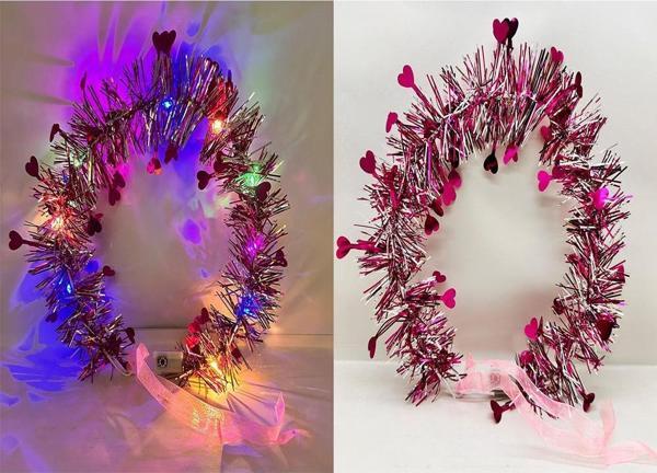 Kalp Püsküllü Gece Parıltısı 3 Modlu LED li Işıklı Taç Fuşya Renk - Image 1