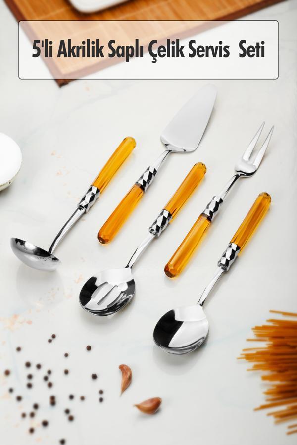 5 Parça Platin Servis Seti & Servis Sunum Seti Amber ( Kepçe / Kevgir / Sıpatula / Çatal / Kaşık ) - Image 1