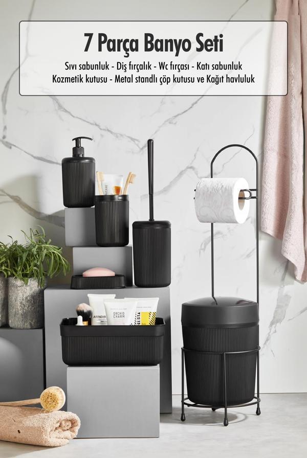 7 Parça Siyah Banyo Seti Metal Stantlı Kovalı Wc Kağıtlık Kozmetik Kutusu Diş Fırçalık Ve Sabunlukla - Image 1