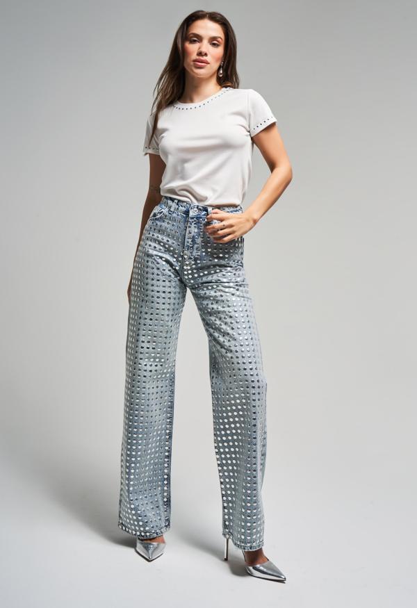 Kadın Kot Rengi T-S45-80 Damla Parlak Taşlı Straight Fit Yüksek Bel Tasarım Denim Jean - Image 1