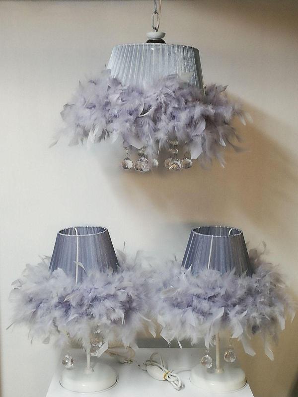 Tekay Aydınlatma Gri Tüylü Taşlı Yatak Odası Avize Abajur Seti 2 Abajur 1 Avize - Image 1