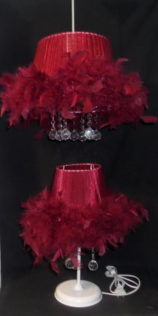 Tekay Aydınlatma Bordo Tüylü Taşlı Yatak Odası Avize Abajur Seti.1 Avize 1 Abajur - Image 1