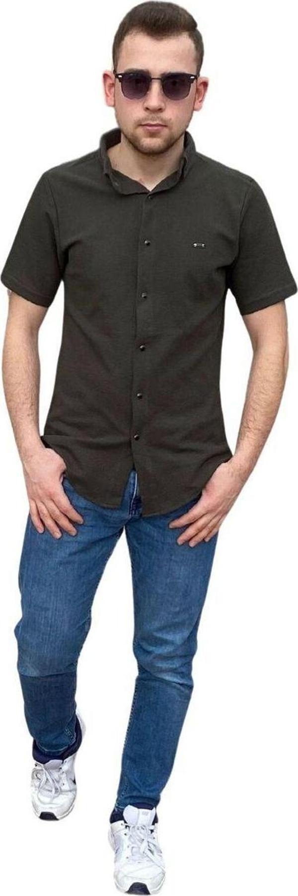 Manklas Erkek Gömlek Düğme Detaylı Premium Likralı Kısakollu Slim Fit Erkek Spor Gömlek - Image 1