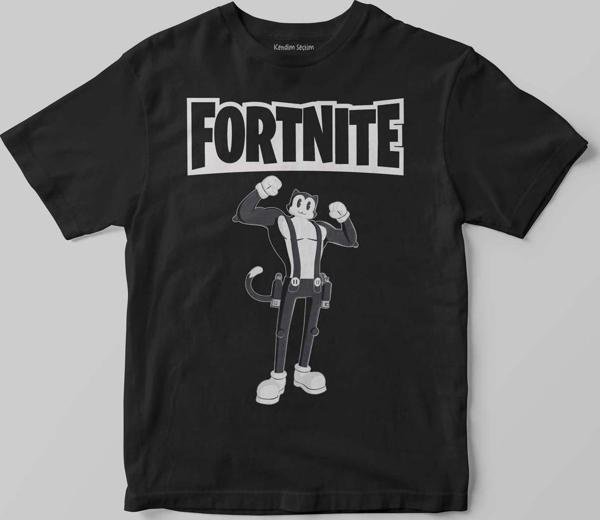 Unisex Siyah Fortnite Kedi Çizgi Tehlikeli Battle Royale Baskılı Warrior Çocuk Tişörtü - Image 1