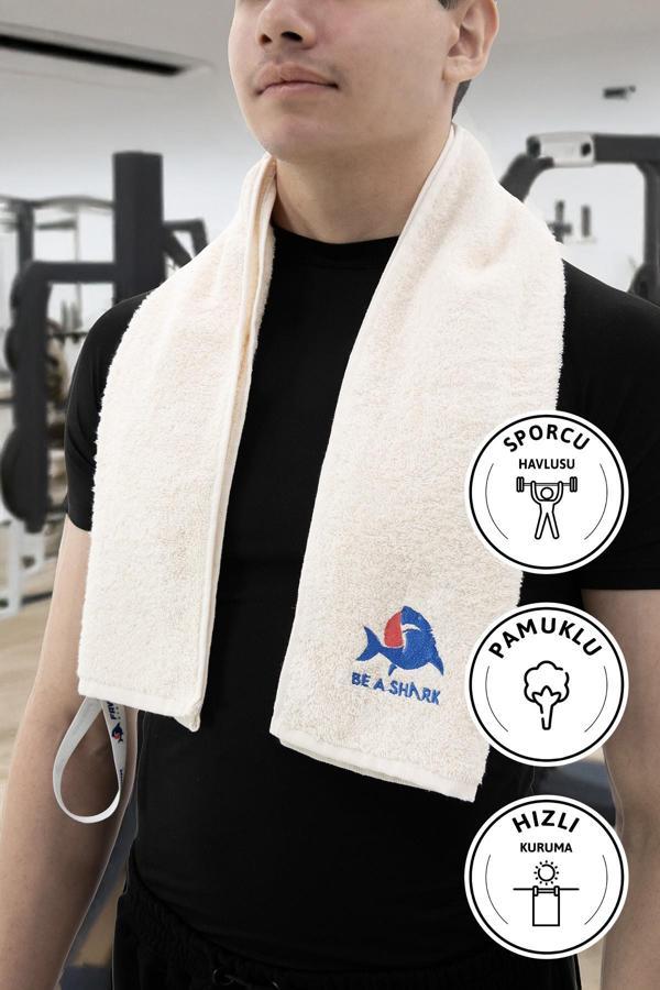 Sporcu Antrenman Havlusu Gym Fitness Plates Boks Tenis Spor Havlusu 105x30 Cm - Krem - Image 1