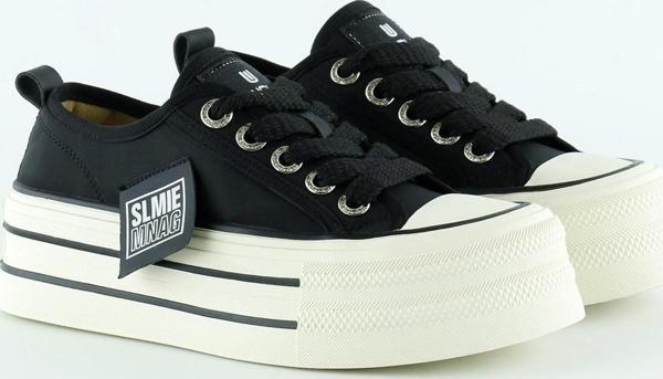 Siyah Saten Yüksek Taban Spor Taşlı Bağcıklı Platform Sneaker - Image 1