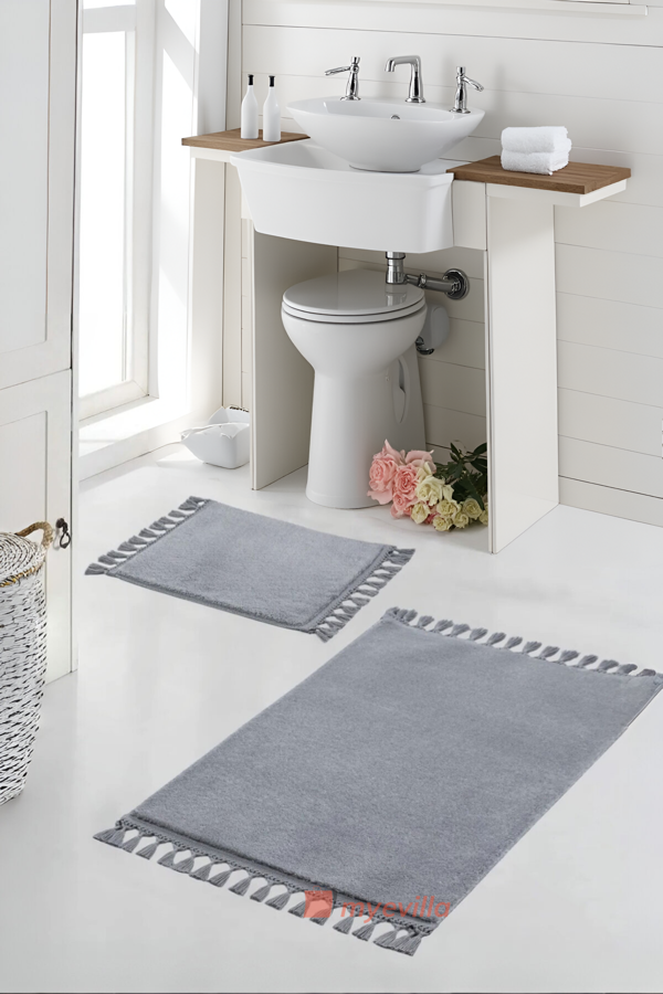 Simirna Ponpon Saçaklı Peluş Yıkanabilir Kaymaz Banyo Paspası 2'li Klozet Takımı Gri - Image 1