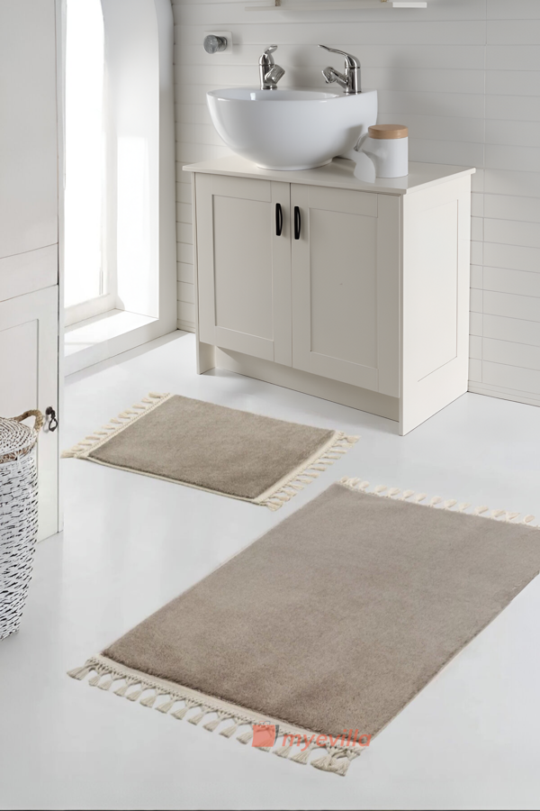 Simirna Ponpon Saçaklı Peluş Yıkanabilir Kaymaz Banyo Paspası 2'li Klozet Takımı Vizon - Image 1