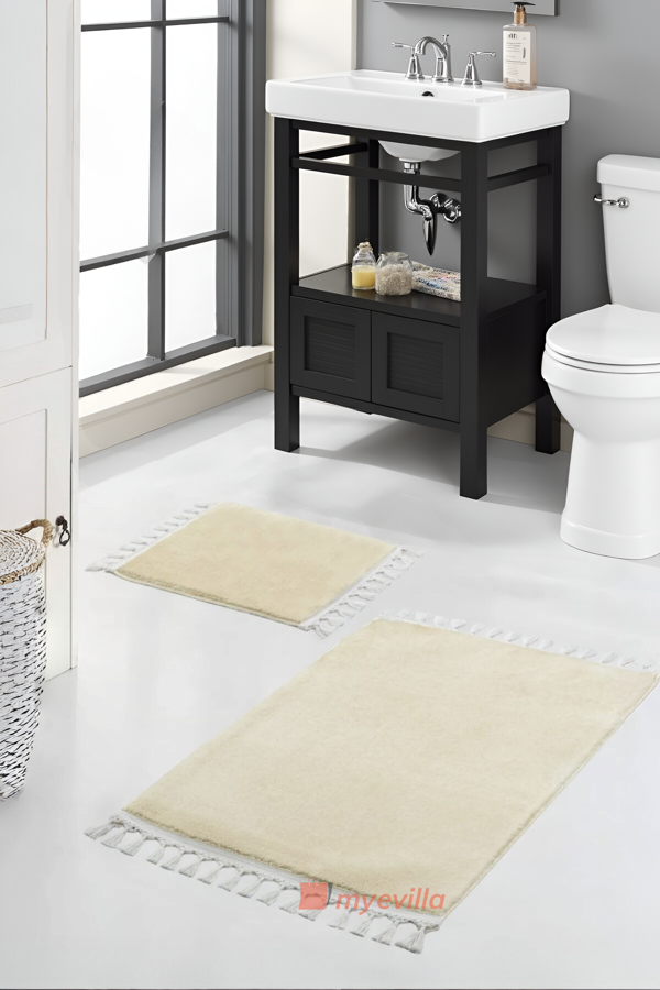 Simirna Ponpon Saçaklı Peluş Yıkanabilir Kaymaz Banyo Paspası 2'li Klozet Takımı Bej - Image 1