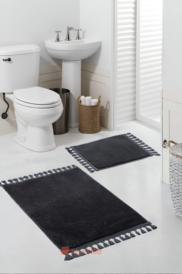 Simirna Ponpon Saçaklı Peluş Yıkanabilir Kaymaz Banyo Paspası 2'li Klozet Takımı Antrasit - Image 1