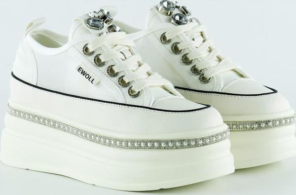 Beyaz Yüksek Taban Kristal Taşlı İnci Detaylı Bağcıklı Gelin Platform Sneaker - Image 1