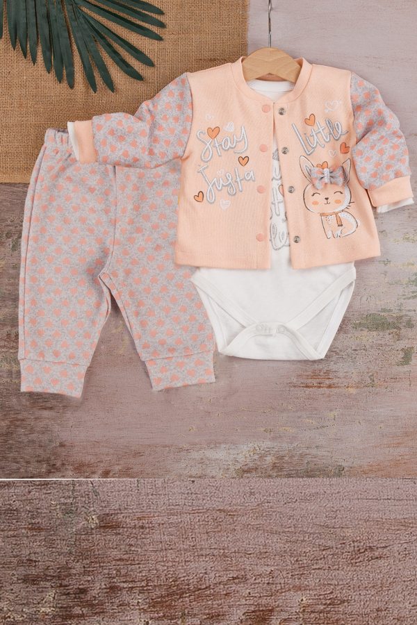 3-9 Ay Kız Bebek Takımı Stay Little Puan 3'lü Hırkalı Somon - Image 1