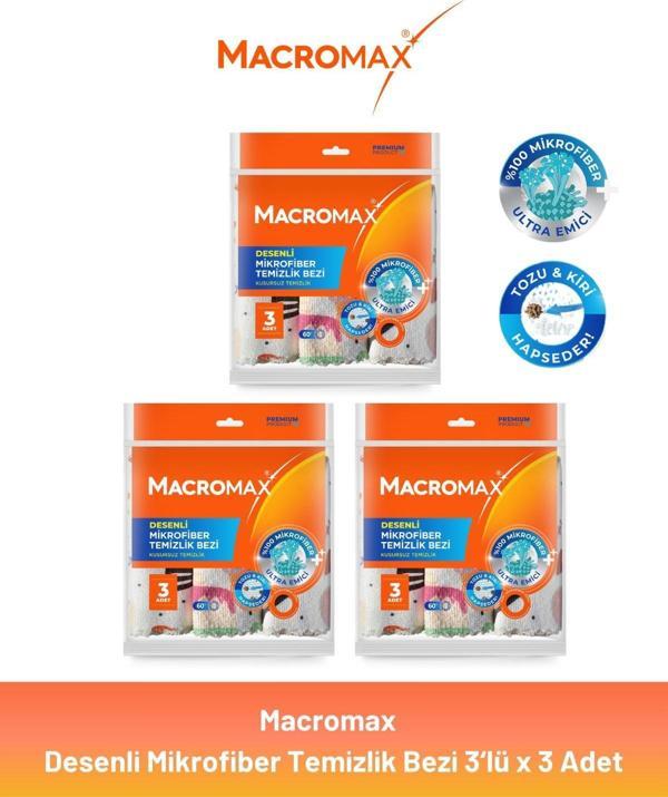 Macromax Desenli Mikrofiber Temizlik Bezi 3'lü x 3 Adet - Image 1