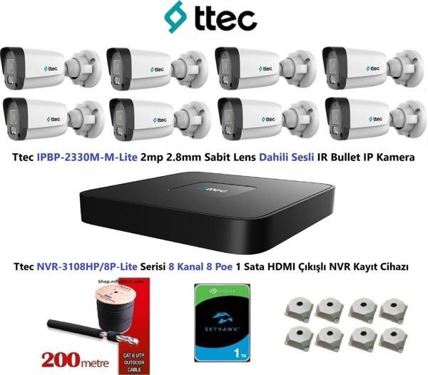 Nif Bilişim Ttec 2mp Mikrofonlu 8 Kameralı 1TB Disk Tak Çalıştır Hazır IP Kamera Seti - Image 1