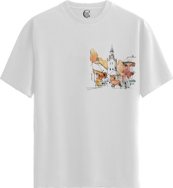 Watercolor Cityscape - %100 Pamuklu Erkek Beyaz Tişört - Premium Quality - Image 1
