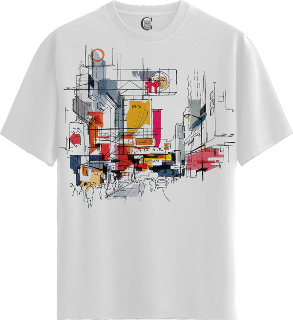 Cityscape Sketch - %100 Pamuklu Erkek Beyaz Tişört - Premium Quality - Image 1
