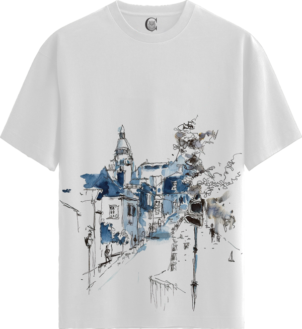 Blue Cityscape - %100 Pamuklu Kadın Beyaz Tişört - Premium Quality - Image 1