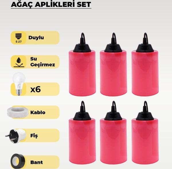 Hazır Şeker Pembe Mavi Silindir Ağaç Feneri - 6 Adet (Sarı Işık Ampul, Kablo, Fiş ve Bant Dahil) - Image 1