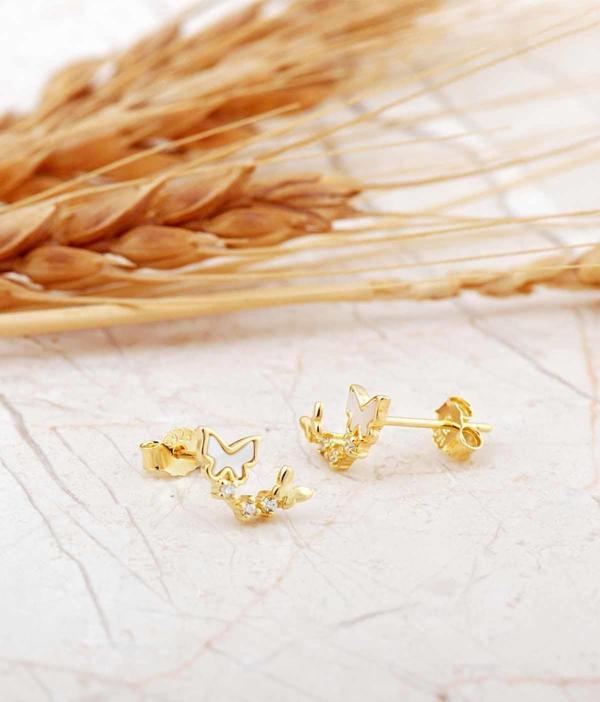 Sedef Taşlı Altın Kaplama Kelebek Mini Gümüş Küpe 7273 - Image 1